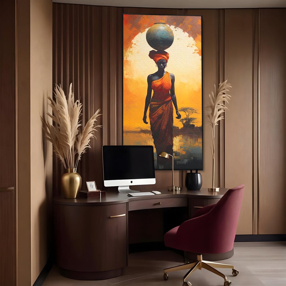 Tablou canvas cu tablou canvas cu femeie africana si ulcior, in rama de aluminiu negru, pe perete intr-un birou